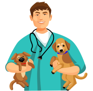 an illustration of a vet holding two puppies